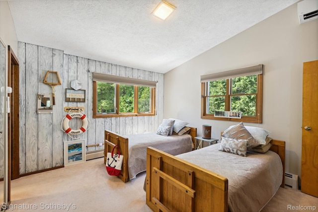 8641 Brettonwood Shores Rd, Rapid City, MI 49676 - bedroom featuring a wall unit AC, light carpet, baseboard heating, a textured ceiling, and a baseboard radiator
