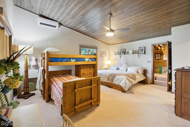 8641 Brettonwood Shores Rd, Rapid City, MI 49676 - bedroom featuring a wall mounted AC, light colored carpet, wood ceiling, ceiling fan, and lofted ceiling