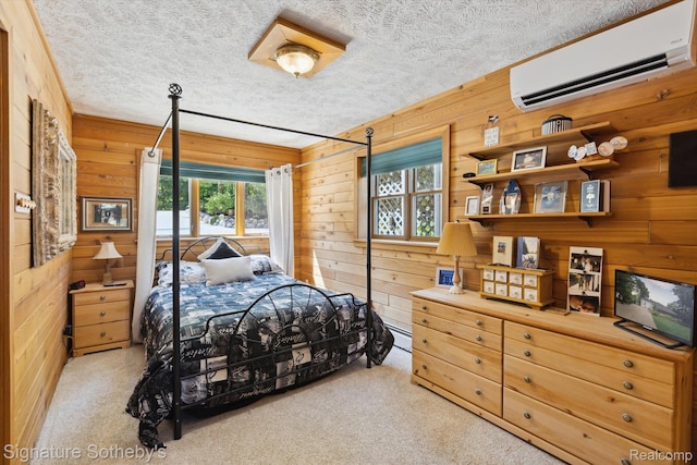 8641 Brettonwood Shores Rd, Rapid City, MI 49676 - carpeted bedroom featuring a wall mounted air conditioner, multiple windows, wood walls, a textured ceiling, and a baseboard radiator