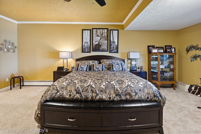 8641 Brettonwood Shores Rd, Rapid City, MI 49676 - carpeted bedroom featuring a baseboard heating unit, a textured ceiling, crown molding, and a ceiling fan