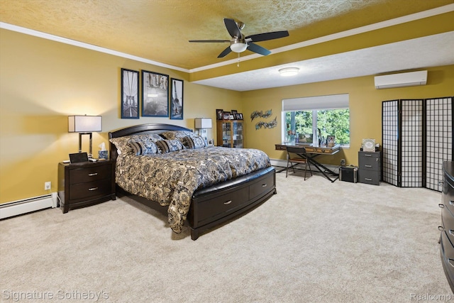 8641 Brettonwood Shores Rd, Rapid City, MI 49676 - bedroom featuring an AC wall unit, a baseboard radiator, light carpet, a textured ceiling, and crown molding