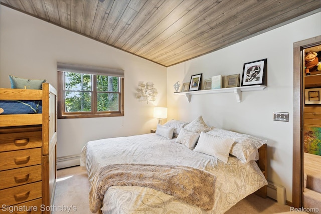 8641 Brettonwood Shores Rd, Rapid City, MI 49676 - bedroom with light carpet, a baseboard radiator, and wooden ceiling