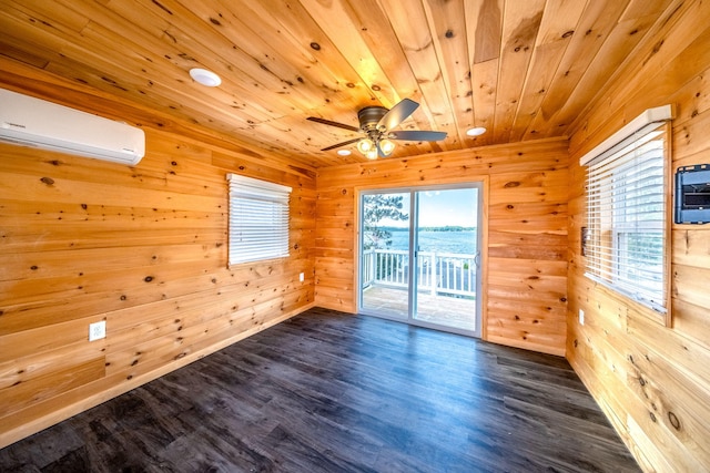 19336 E Chippewa Dr, Chippewa Lake, MI 49320 - spare room featuring an AC wall unit, wooden walls, wood ceiling, a ceiling fan, and dark wood-type flooring