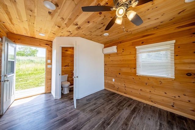 19336 E Chippewa Dr, Chippewa Lake, MI 49320 - unfurnished bedroom featuring an AC wall unit, wooden walls, access to outside, wood ceiling, and dark wood finished floors