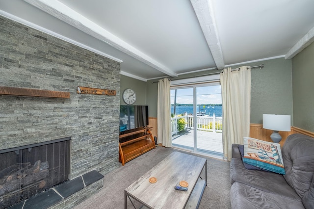 19336 E Chippewa Dr, Chippewa Lake, MI 49320 - living room with beam ceiling, carpet, a wainscoted wall, and a stone fireplace