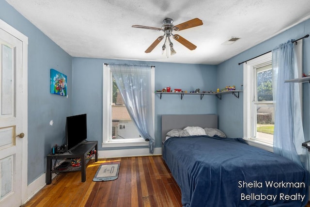803 S Hanover St, Hastings, MI 49058 - bedroom with multiple windows, hardwood / wood-style flooring, ceiling fan, and a textured ceiling