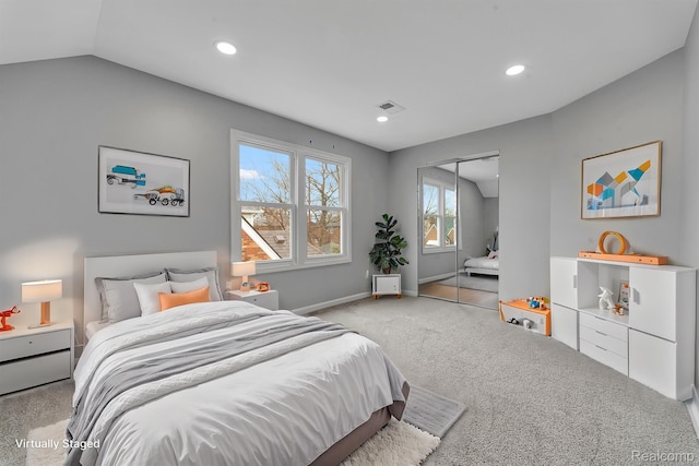 5291 Devonshire Rd, Detroit, MI 48224 - bedroom with carpet, recessed lighting, a closet, and vaulted ceiling