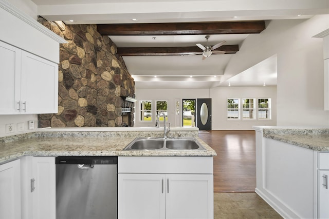 210 W Grove Ave, Michigan Center, MI 49254 - kitchen featuring stainless steel dishwasher, open floor plan, white cabinetry, ceiling fan, and recessed lighting