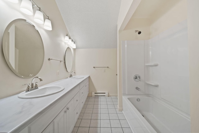 210 W Grove Ave, Michigan Center, MI 49254 - bathroom with a baseboard radiator, tile patterned floors, double vanity, a textured ceiling, and bathtub / shower combination