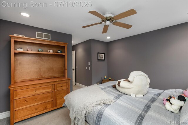 1444 W Clarkston Rd, Lake Orion, MI 48362 - bedroom with light colored carpet, recessed lighting, and a ceiling fan