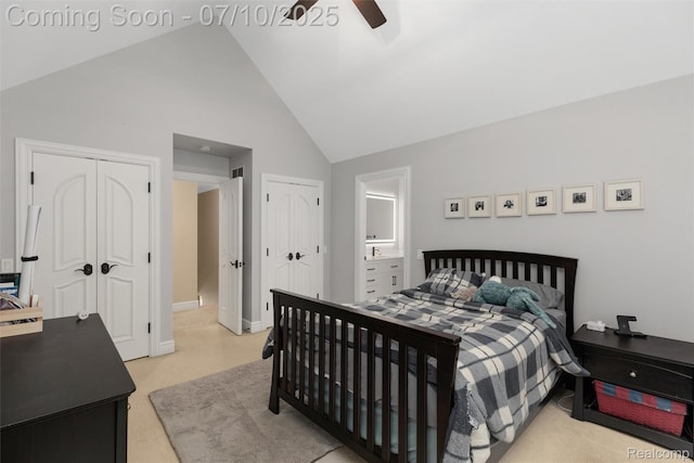 1444 W Clarkston Rd, Lake Orion, MI 48362 - bedroom with two closets, high vaulted ceiling, and a ceiling fan