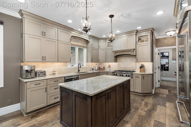 1444 W Clarkston Rd, Lake Orion, MI 48362 - kitchen with appliances with stainless steel finishes, crown molding, recessed lighting, dark wood finished floors, and backsplash
