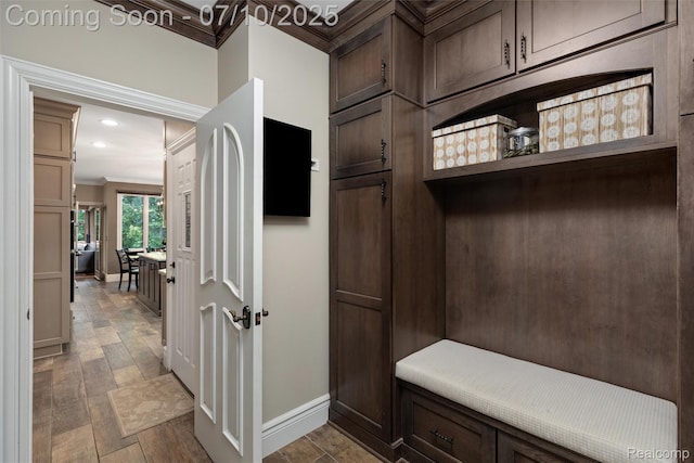 1444 W Clarkston Rd, Lake Orion, MI 48362 - mudroom with ornamental molding, recessed lighting, and wood finished floors