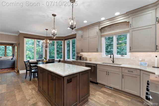1444 W Clarkston Rd, Lake Orion, MI 48362 - kitchen featuring a chandelier, dishwasher, crown molding, tasteful backsplash, and light wood-style floors