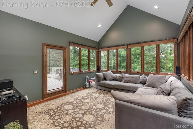 1444 W Clarkston Rd, Lake Orion, MI 48362 - living room featuring recessed lighting, a ceiling fan, high vaulted ceiling, and wood finished floors