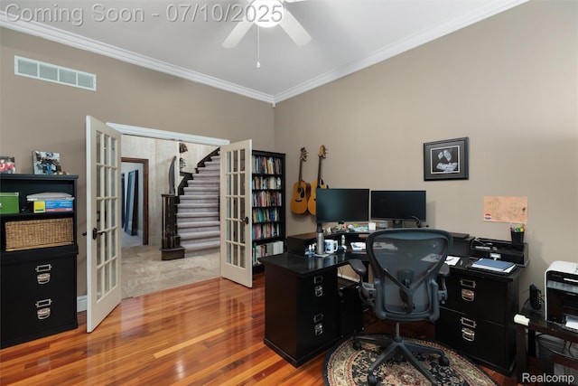 1444 W Clarkston Rd, Lake Orion, MI 48362 - office area with french doors, wood finished floors, ornamental molding, and ceiling fan