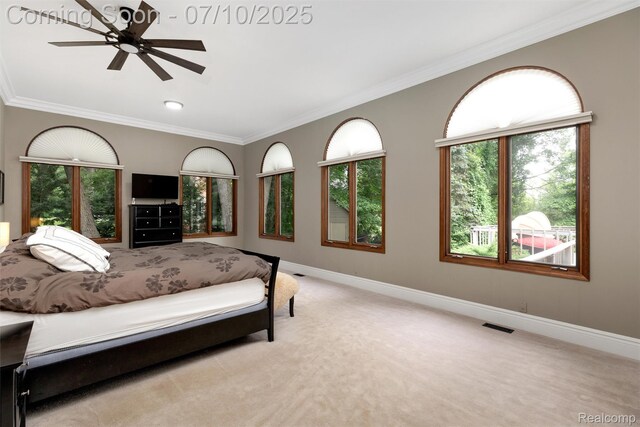1444 W Clarkston Rd, Lake Orion, MI 48362 - bedroom featuring ornamental molding, carpet floors, multiple windows, and ceiling fan
