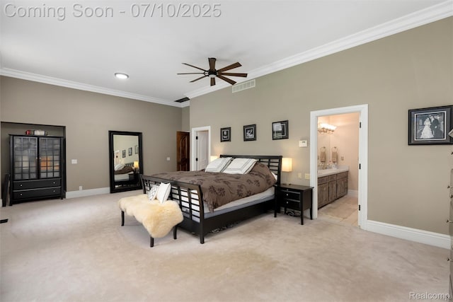 1444 W Clarkston Rd, Lake Orion, MI 48362 - bedroom featuring crown molding, light carpet, a chandelier, ceiling fan, and ensuite bathroom