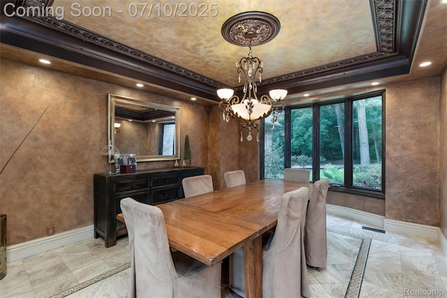 1444 W Clarkston Rd, Lake Orion, MI 48362 - dining room featuring a tray ceiling, inlaid floor details, recessed lighting, a chandelier, and crown molding