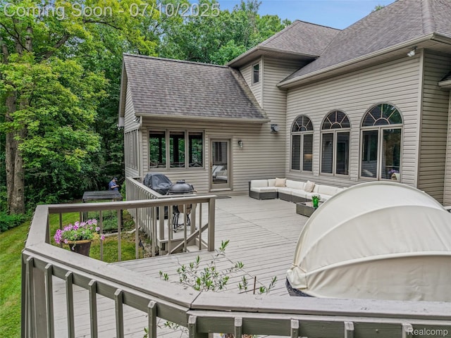 1444 W Clarkston Rd, Lake Orion, MI 48362 - wooden terrace with an outdoor hangout area, outdoor dining area, and a grill