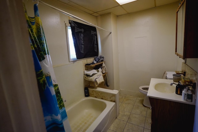 57 S 3rd St, Niles, MI 49120 - bathroom with a tub to relax in, tile patterned flooring, vanity, curtained shower, and a paneled ceiling