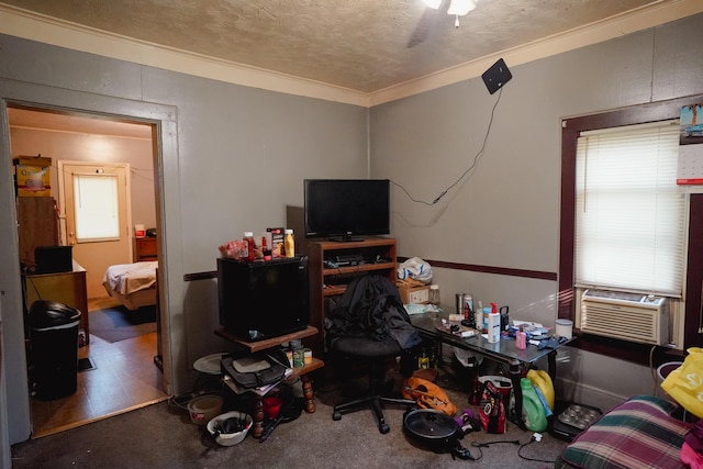 57 S 3rd St, Niles, MI 49120 - office area with cooling unit, ornamental molding, a textured ceiling, and a ceiling fan