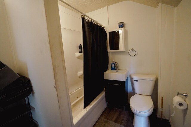 57 S 3rd St, Niles, MI 49120 - bathroom with wood finished floors, shower / bath combo with shower curtain, vanity, and a textured ceiling