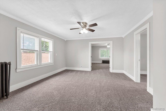 922 Maple, Wyandotte, MI 48192 - carpeted spare room featuring ceiling fan, crown molding, radiator, and a textured ceiling