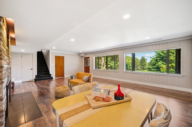 3017 Niles Buchanan Rd, Buchanan, MI 49107 - living room featuring wood-type flooring, stairway, healthy amount of natural light, and recessed lighting