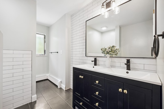 3017 Niles Buchanan Rd, Buchanan, MI 49107 - full bath featuring double vanity, tile patterned flooring, backsplash, and tile walls