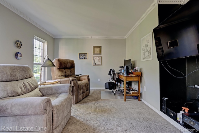 560 Boulder Lake Dr, Oxford, MI 48371 - living area featuring carpet, an office area, and ornamental molding