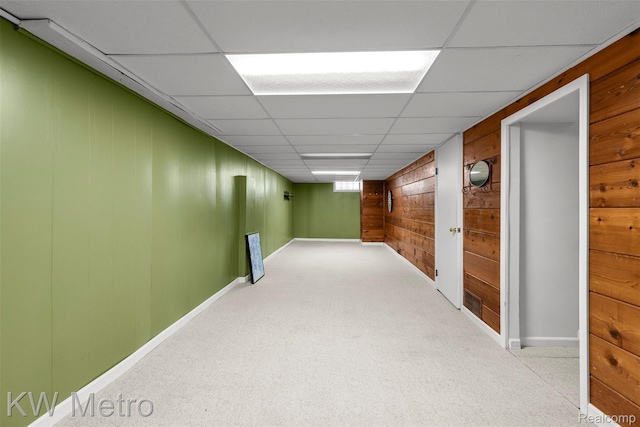 3180 Warringham Ave, Waterford, MI 48329 - hall featuring wood walls, carpet floors, and a drop ceiling