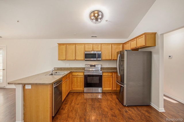 12129 Hidden View Ct, Utica, MI 48315 - kitchen featuring appliances with stainless steel finishes, a peninsula, and dark wood finished floors