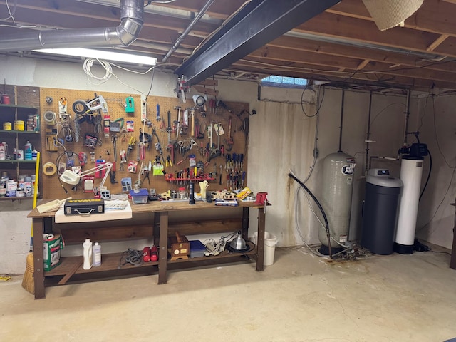 70173 Hillside Ct, Romeo, MI 48065 - unfinished basement with a workshop area, a water softener system, and a water pressure tank