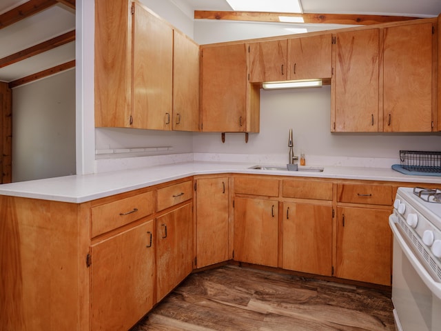 4409 E T U Ave, Vicksburg, MI 49097 - kitchen featuring white gas range oven, dark wood-type flooring, and light countertops
