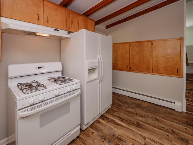 4409 E T U Ave, Vicksburg, MI 49097 - kitchen featuring white appliances, under cabinet range hood, baseboard heating, and dark wood-style flooring