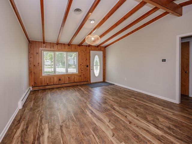 4409 E T U Ave, Vicksburg, MI 49097 - foyer with a baseboard heating unit, dark wood-type flooring, and wood walls