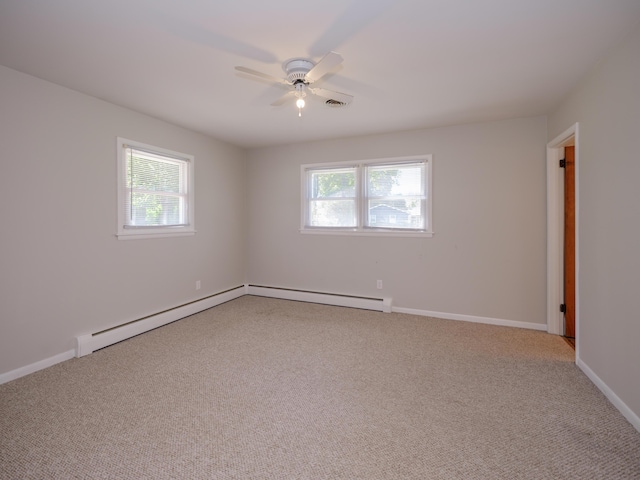 4409 E T U Ave, Vicksburg, MI 49097 - unfurnished room featuring a baseboard radiator, carpet floors, and a ceiling fan