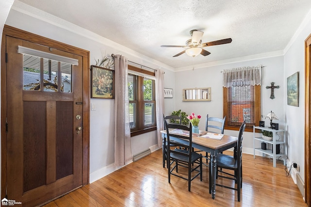 331 S St, Ortonville, MI 48462 - dining area with light wood-style floors, a textured ceiling, a ceiling fan, and crown molding