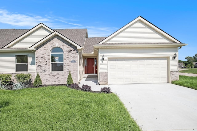 5391 Swan Ln, Burton, MI 48509 - single story home with brick siding, concrete driveway, a front yard, an attached garage, and roof with shingles