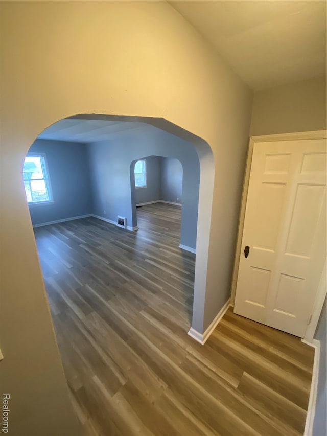 1112 Minnie St, Port Huron, MI 48060 - corridor with arched walkways, dark wood finished floors, and plenty of natural light