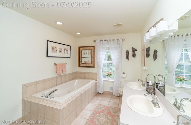 1478 Courtney Ct, Hartland, MI 48353 - full bathroom with a whirlpool tub, double vanity, tile patterned flooring, and recessed lighting