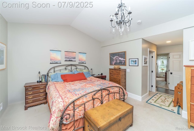 1478 Courtney Ct, Hartland, MI 48353 - bedroom featuring a chandelier, light colored carpet, and lofted ceiling