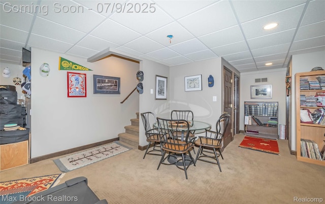 1478 Courtney Ct, Hartland, MI 48353 - dining area featuring carpet, stairway, a paneled ceiling, and recessed lighting