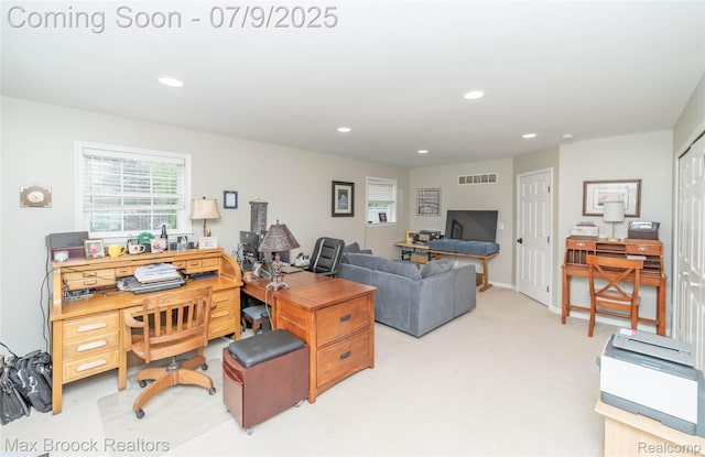 1478 Courtney Ct, Hartland, MI 48353 - office area featuring light carpet and recessed lighting