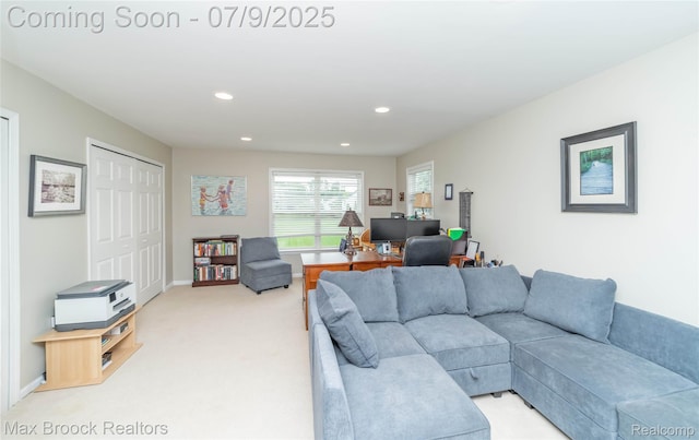 1478 Courtney Ct, Hartland, MI 48353 - living room featuring an office area, recessed lighting, and light carpet
