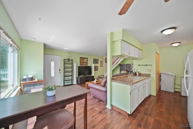 317 Clark St, Clinton, MI 49236 - kitchen featuring dark wood-style floors, a ceiling fan, dishwasher, white cabinets, and light countertops