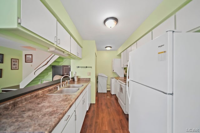 317 Clark St, Clinton, MI 49236 - kitchen featuring white appliances, white cabinetry, and dark wood-type flooring
