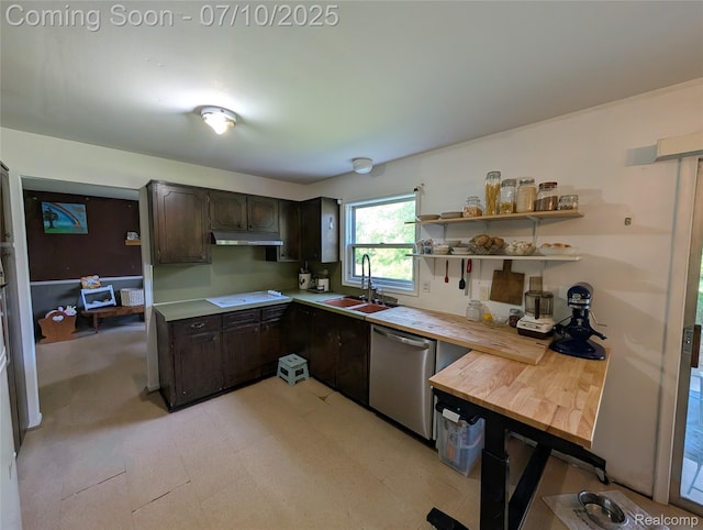 1391 Dye Krest Cir, Flint, MI 48532 - kitchen with dishwasher, dark brown cabinets, butcher block countertops, stovetop, and light flooring