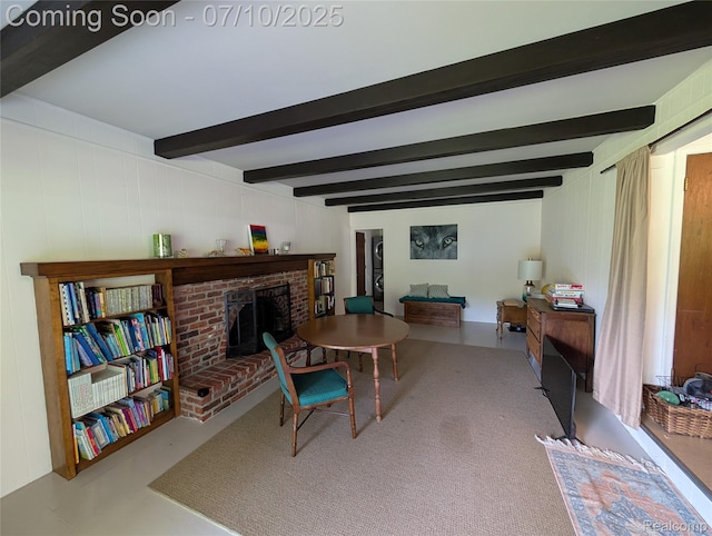 1391 Dye Krest Cir, Flint, MI 48532 - living area with a brick fireplace and beamed ceiling